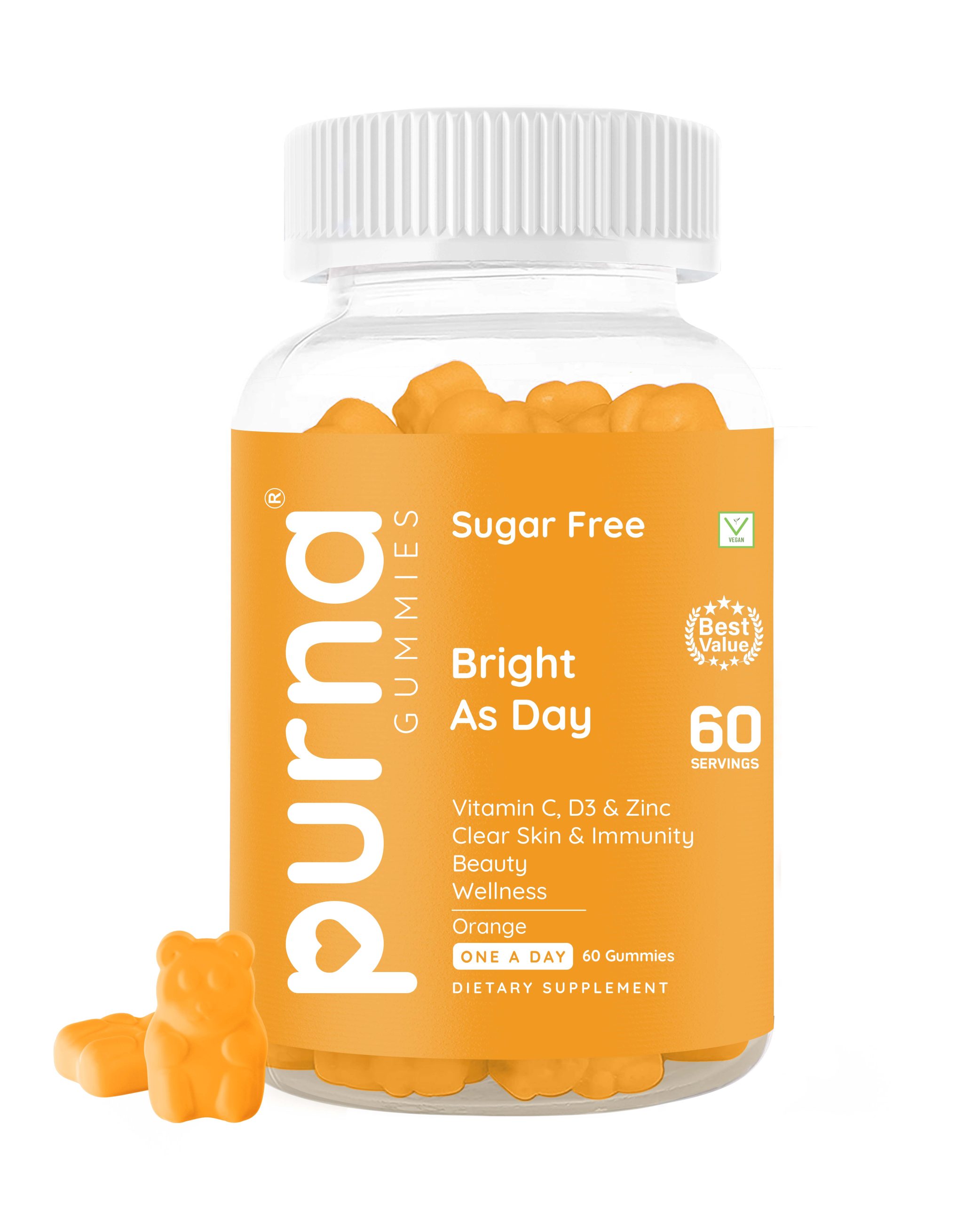 Purna Gummies - Vitamin C, D3 and Zinc - Bright as Day (Orange)